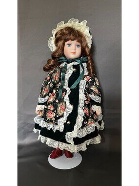 Vintage Porcelain Doll In Victorian Floral Dress With Lace Trim & Green Velvet A